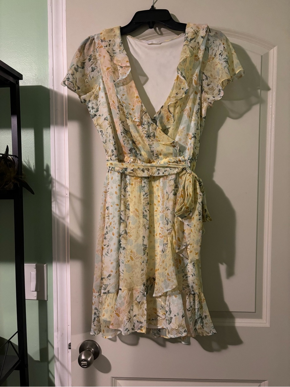 Floral Ruffle Wrap Dress in Light Yellow/Multicolor